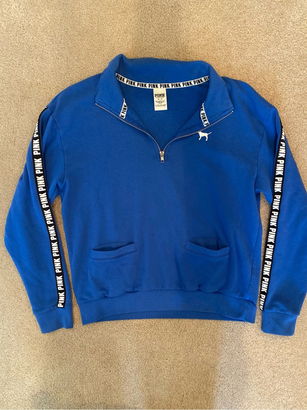 PINK Y2K Blue 1/4 Zip Fleece Logo Pullover Sweatshirt w/ Pockets Women’s M